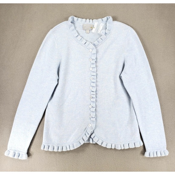 Pure Collection Sweaters - Pure Collection Sweater Womens 8/10 Light Blue Cashmere Cardigan Ruffle Trim